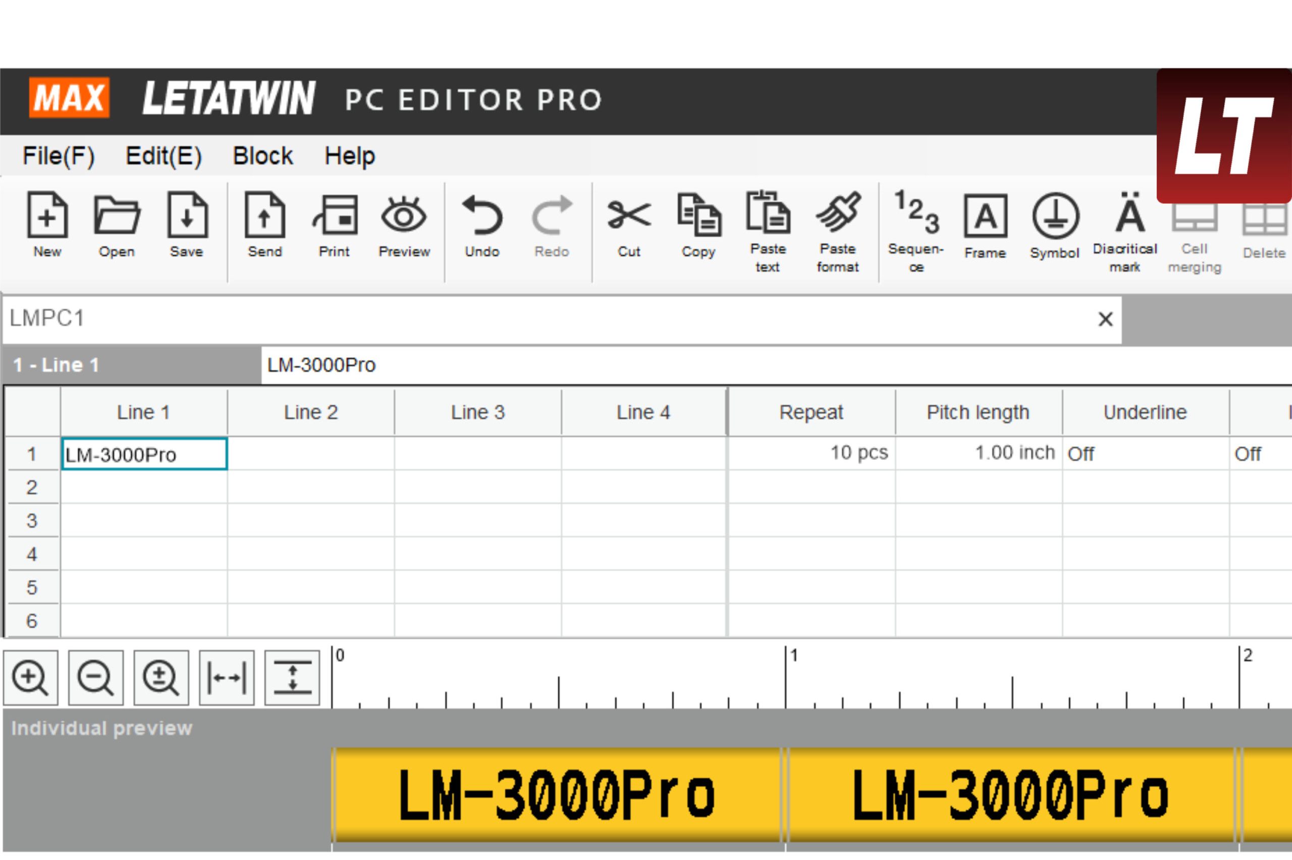 Software UI showing product labels in yellow banners: LM-3000Pro and variations on a toolbar/cabinet layout
